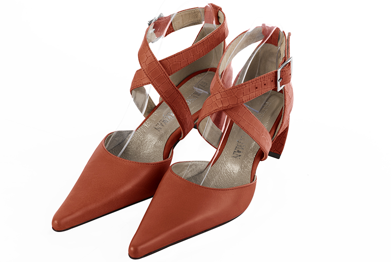 Terracotta orange women's open side shoes, with crossed straps. Pointed toe. Medium comma heels. Front view - Florence KOOIJMAN